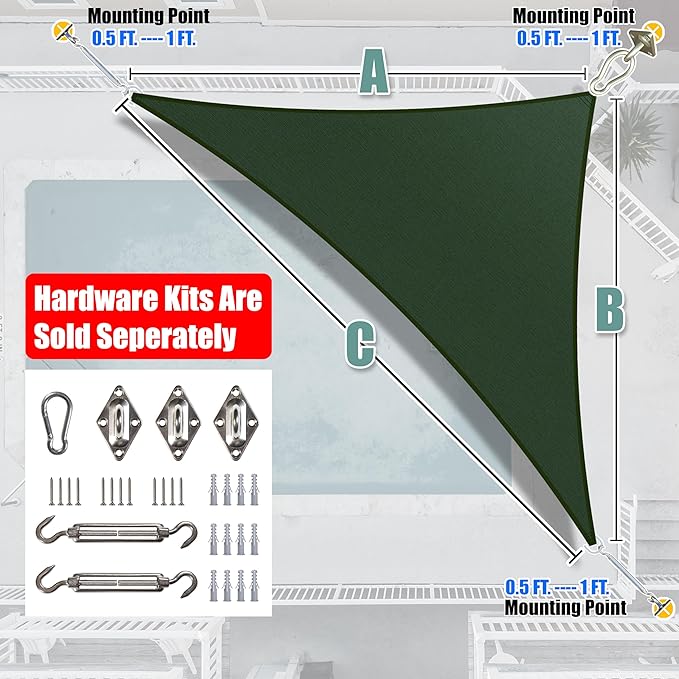 Amgo Custom Size 6' x 11' x 12.5' Green Right Triangle Sun Shade Sail UPF50+ AGTAPRT12, Order to Make Canopy Awning, 95% UV Blockage, Water & Air Permeable, Commercial Standard (We Customize)