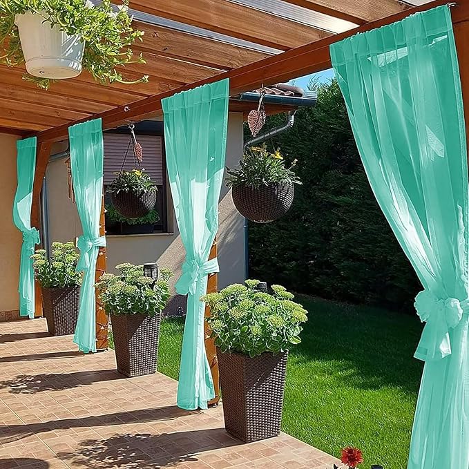 SpaceDresser Waterproof Outdoor Sheer Curtains for Patio - 4 Panels Rod Pocket Indoor Voile Sheer Curtain for Living Room,52W x 120L inch,Turquoise