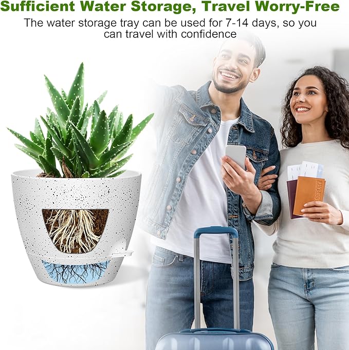 12 Inch Large Self Watering Pots, Flower Pots with Multi-Mesh Drainage Holes and Saucer, Planters for Indoor and Outdoor Garden Plants (Speckled White)
