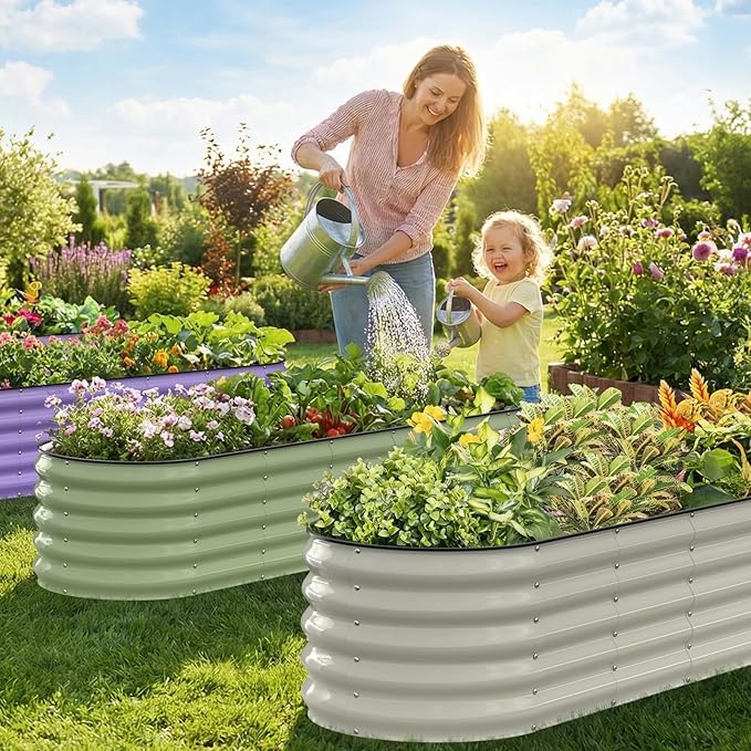 Kesfitt Raised Garden Bed, Metal Galvanized Steel Oval Garden Bed 8x2x1.5 ft with 18-Inch Deep Open-Bottom Design for Outdoor Vegetable Gardening, Fruit Green