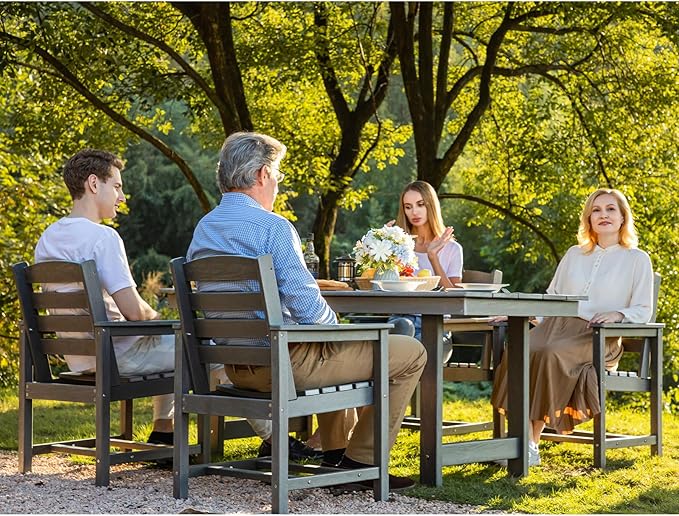 SERWALL Outdoor HDPE Dining Table Set, 7-Piece Outdoor Dining Table Sets with Umbrella Hole Cut-Out Table and 6 Chairs, Gray
