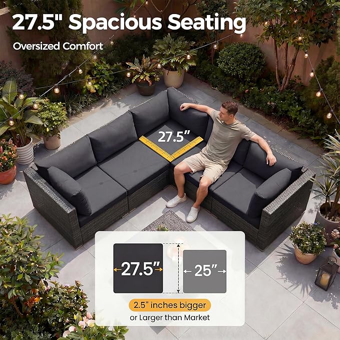 NICESOUL 9 Piece Outdoor Patio Sectional Furniture Sofa Set with Fire Pit Natural Gas Propane, 29.3'' High Back Modern Large Size Wicker Conversations with Fireplace for Backyard, Deep Seats Gray