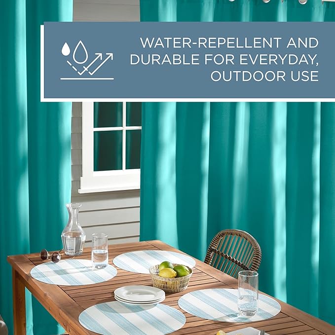 TOWN & COUNTRY BASICS Cabana Solid Heavyweight Indoor Outdoor Curtains, Light Filtering Opacity with Grommet Top, Water Repellent, 2-Pack Set, 54"x96", Teal