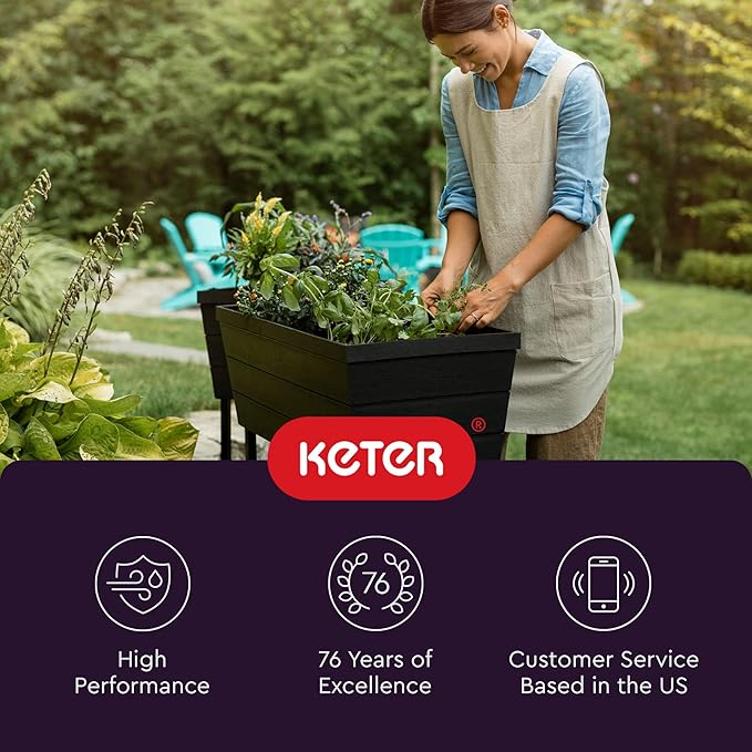 Keter Urban Bloomer 12.7‑Gallon Raised Garden Bed – Elevated Outdoor Planter Box with Self‑Watering Reservoir, Water Gauge & Drainage System, Perfect for Herbs & Vegetables, Dark Grey