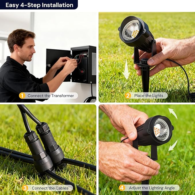 L LOHAS LED 5W Low Voltage Landscape Lighting, 12V 24V Outdoor Spot Lights with Connectors, IP66 Waterproof 3000K Warm White Plug in Spotlights for Yard, Garden, Pathway, House (4 Pack)