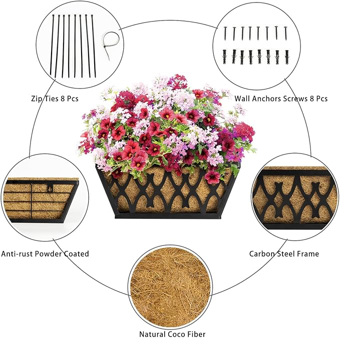 4 Pack 16 Inch Window Boxes Planters Railing Planter Box with Coco Liners Deck Railing Planter Boxes Balcony Hanging Flower Box for Outdoor Plants Garden Decor