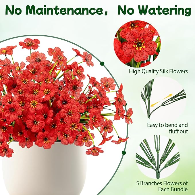 MACTING 12 Bundles Artificial Flowers for Outdoors Fake Flowers UV Resistant Faux Plastic Plants No Fade for Planters Window Patio Porch Garden Home Outside Spring Summer Decorations,Red
