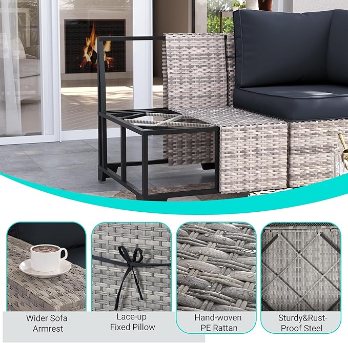 6-Piece Outdoor Patio Furniture Set Wicker Sectional Sofa Set, Patio Conversation Set with Thickened Cushions & Coffee Table for Garden, Backyard, Poolside, Dark Grey