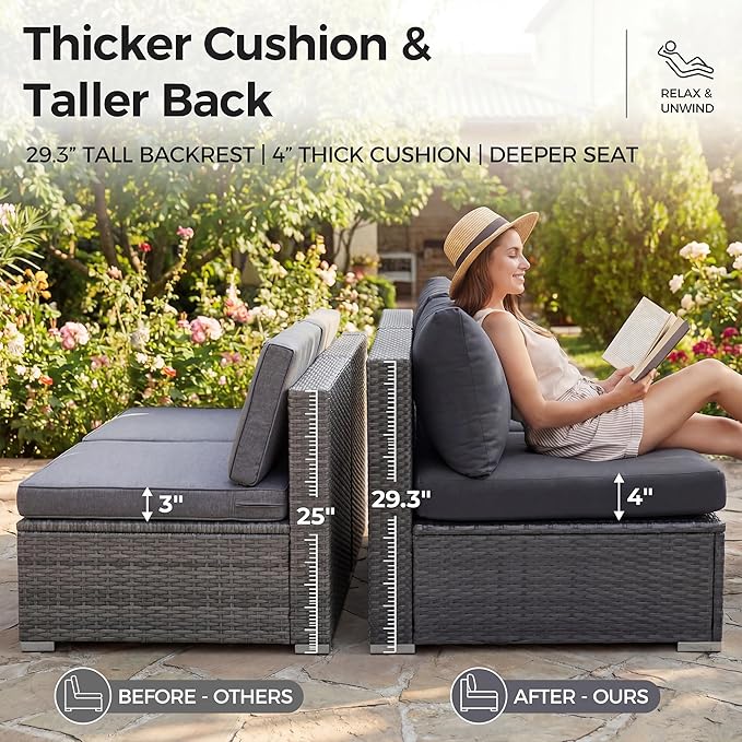 NICESOUL 8 Seater Modern Luxury Outdoor Furniture Set, Extra Large PE Wicker Patio Modular Sectional Sofa with Ottoman, 29.3'' High Back L-Shaped All-Weather Conversations, Deep Seated Grey Color