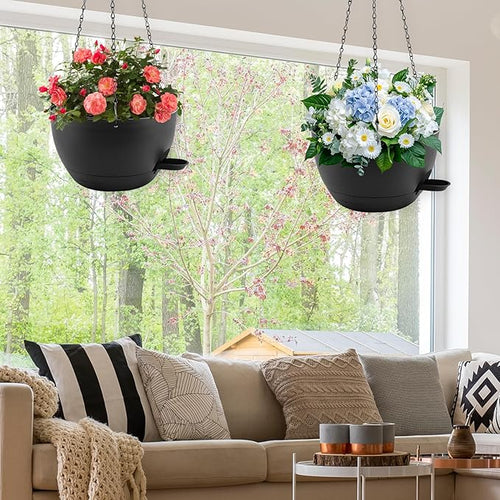 12 inch Hanging Planters for Indoor Plants, 2 Pack Self-Watering Hanging Planter Pots with Chain and Drainage Holes, Outdoor Plastic Hanging Baskets for Garden Home Decor (Black, 2pcs/12inch)