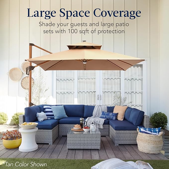 Best Choice Products 10ft Square Cantilever Patio Umbrella w/Base Included, Woodgrain Pattern Pole & Solar LED Lights, 360-Rotation, Offset Hanging Outdoor Shade - Burgundy