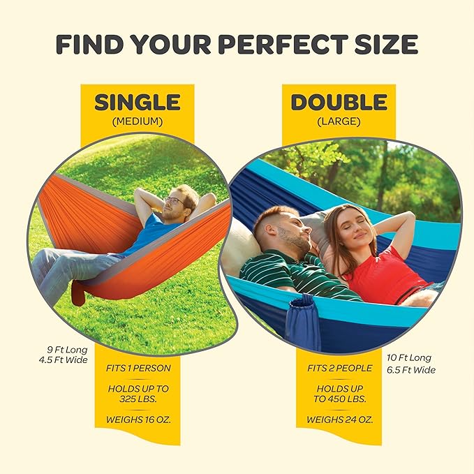 Durable Hammock 500 lb Capacity, Nylon Camping Hammock Chair - Double or Single Sizes w/Tree Straps and Attached Carry Bag - Portable for Travel/Backpacking/Beach/Backyard (Large, Blue & Light Blue)