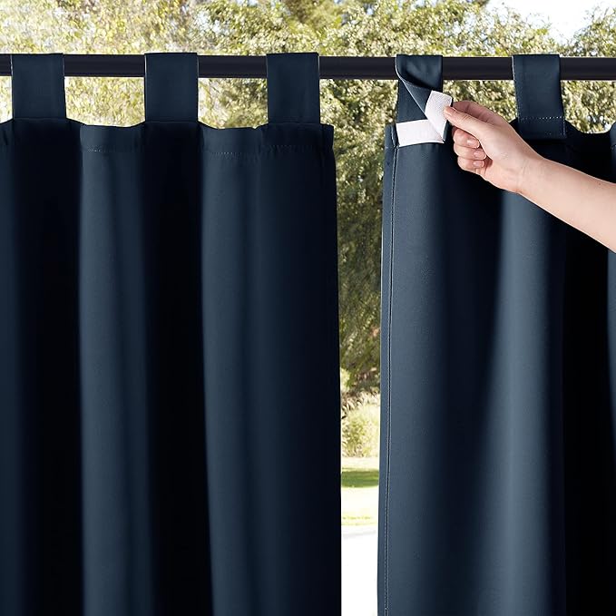 NICETOWN 2 Panels Exterior Blackout Outdoor Curtainss for Patio Waterproof, Thermal Insulated Self-Sticky Tab Top Durable Outside Vertical Blinds for Yard Party/Porch, Navy Blue, W52 x L95