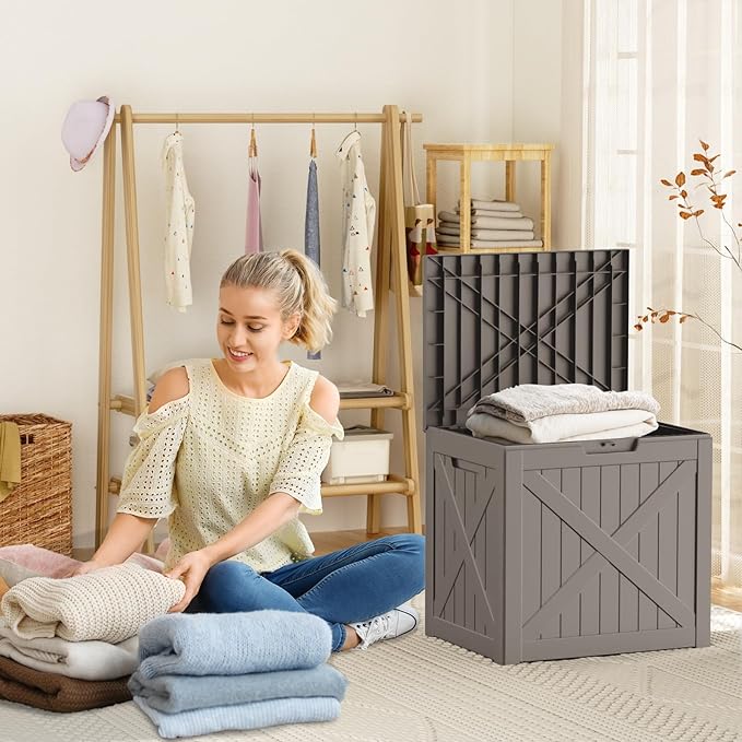 32 Gallon Outdoor Deck Box, Lockable Waterproof Outdoor Storage Boxes For Garden Tools,Indoor Cushions,Accessories Outside Storage Resin Weatherproof Container(Grey)