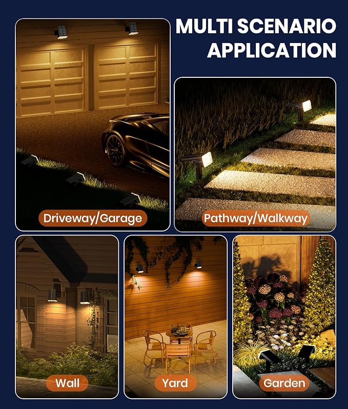 2-Pack Solar Lights Outdoor Waterproof IP67, 3 Color Modes (Warm/Cool White & Hybrid) with 3 Lighting Modes, 105° Adjustable Dusk to Dawn Solar Spotlights for Pathway/Garden/Yard Wall/Ground Lighting