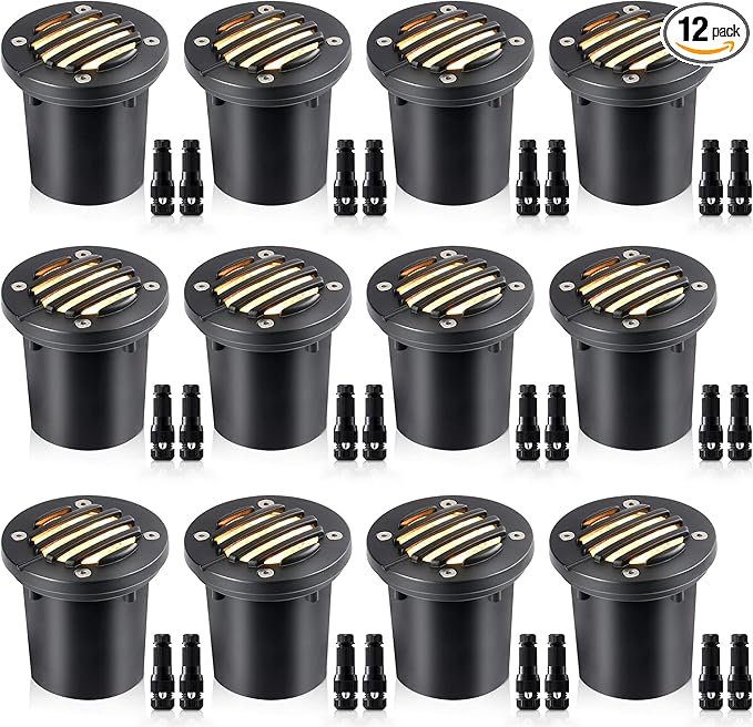SUNVIE 12W Low Voltage Landscape Lighting with Connectors 1200LM Ultra Bright Well Lights Landscape LED In Ground Waterproof Outdoor Warm White Paver Lights for Garden Yard Driveway 12 Pack