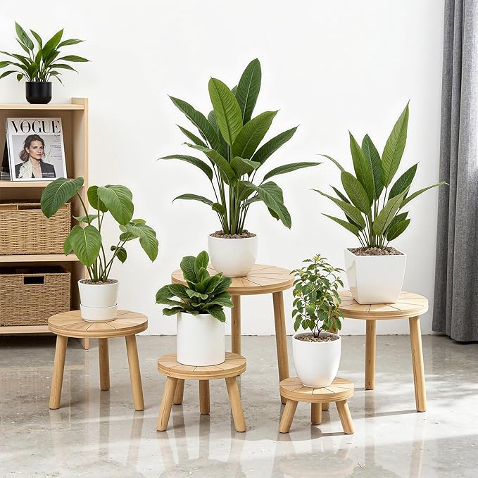 Delma Wood Plant Stands Indoor, 5-Pack Single Plant Stand for 6-12 Inch Pots, Mid-Century Modern Plant Stool, Tall Plant Stand for Large Plants for Living Room, Balcony, Office (Light Brown, 5-Pack)