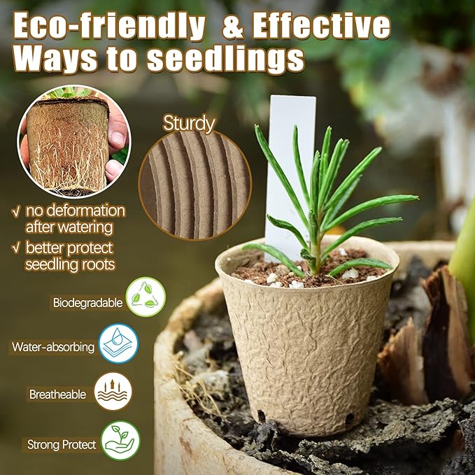 Peat Pots, 102 Pack 3.15 Inch Biodegradable Planting Peat Pots for Seedlings, Garden Plant Seed Starter Pots with Drainage Holes Seed Starting Pots for Organic Vegetable Flower, Bonus 50 Plant Labels