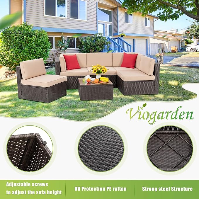 Vongrasig 6 Piece Patio Furniture Set, Small Outdoor Sectional Sofa Couch, All Weather PE Wicker L-Shaped Corner Patio Sofa Garden Backyard Patio Conversation Set w/Glass Table, Beige