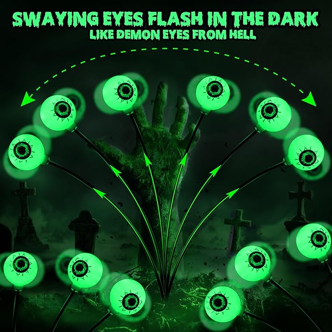 BrizLabs 8 Pack 48 LED Halloween Solar Lights, 2 Modes Outdoor Halloween Eyeball Pathway Lights, Solar Spooky Light Waterproof, Green Swaying Firefly Lighting for Path Yard Garden Lawn