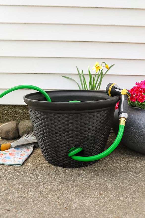 The HC Companies 18 inch Woven Garden Hose Holder, Lightweight UV-Resistant Plastic Water Hose Holder with 100-Foot Capacity, 2-Pack Water Hose Pots for Garden, Patio & Home Organization, Chocolate