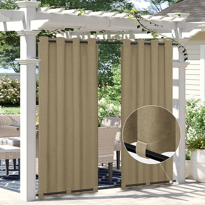 Easy-Going Linen Look Outdoor Curtains Waterproof Windproof Porch Curtains, Soft Thicken Outdoor Privacy Curtains for Patio, Gazebo, Grommet Top and Tab Bottom Drape, 1 Panel, 54x108 inch, Khaki