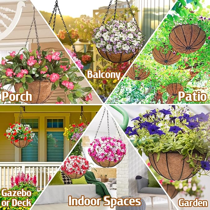 ZeeDix 3 Pack 10 Inch Metal Round Hanging Planter Basket with Coconut Liners Replacement, Hanging planters Baskets with Natural Coco Liner for Outdoor Indoor Planters Flowers Vegetables