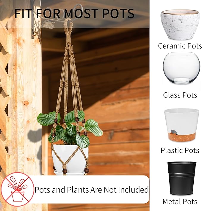 Macrame Plant Hanger - Fits 4 to 15 inches Pots for Indoor Outdoor, 43"/35"/29" Different Sizes Set, Brown (POTS NOT Included)