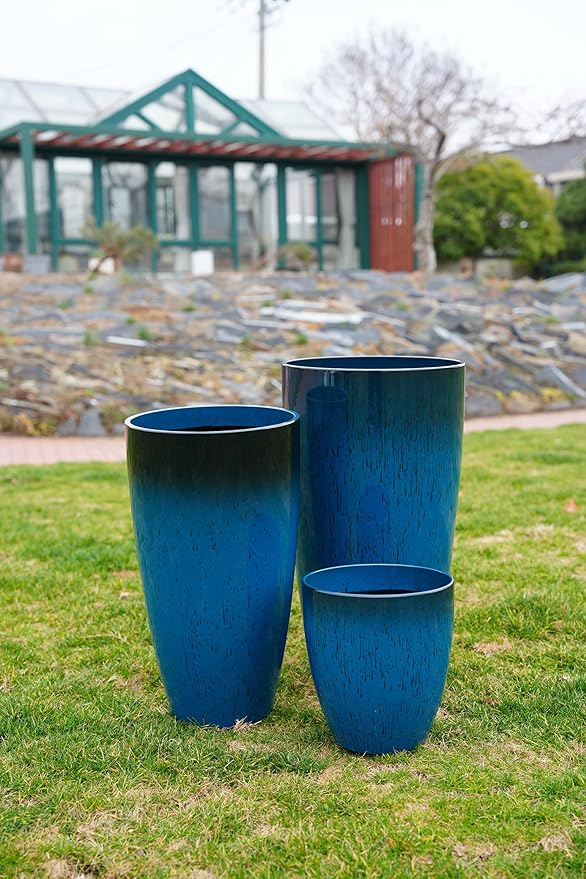 24,21,11 Inch Large Plastic Planters with Drainage Hole and Saucer - Set of 3 Tall Plant Pots Indoor Flower Pot Tall Round Planters Outdoor Large Tall Planter