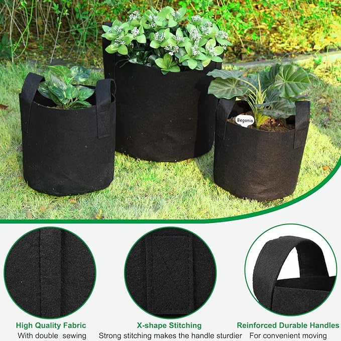 JERIA 12-Pack 10 Gallon Grow Bags, 300G Thickened Nonwoven Garden Pots,Heavy Duty Fabric Pots with Reinforced Handles