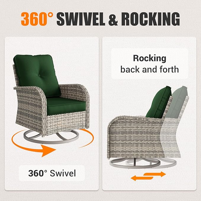15-Piece Outdoor Patio Furniture Set with Rocking Swivel Chair Wicker Sectional Sofa Set, Patio Conversation Set with Thickened Cushions & Coffee Table for Garden, Backyard, Poolside, Green