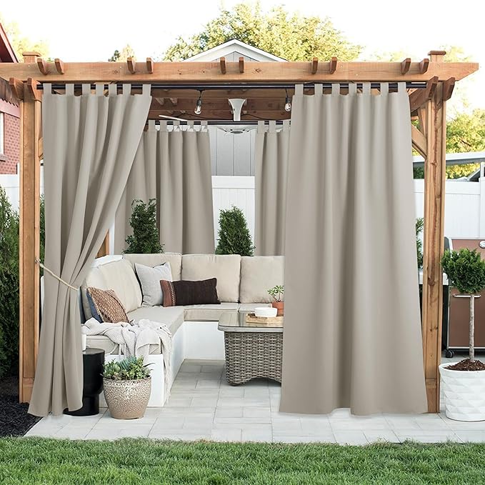 NICETOWN 2 Panels Natural Outdoor Patio Curtainss Waterproof, Detachable Sticky Tab Top Thermal Insulated Privacy Indoor Outdoor Drapes Cold & Heat Block Room Darkening for Pergola, W52 x L84