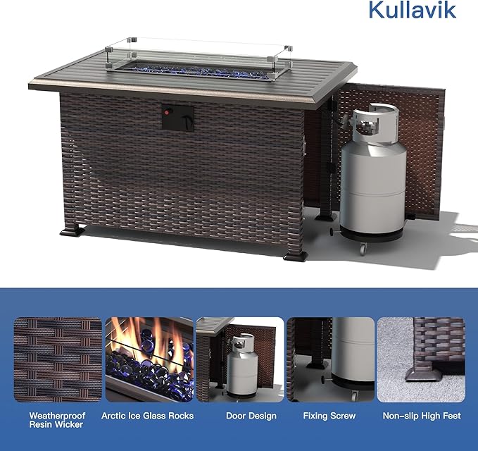 Kullavik 7 Pieces Outdoor Patio Furniture Set with 43" 55000BTU Gas Propane Fire Pit Table PE Wicker Rattan Sectional Sofa Patio Conversation Sets,Grey