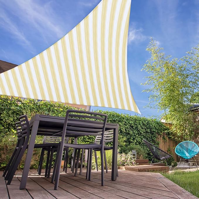 E&K Sunrise 17' x 17' x 17' Sun Shade Sail Triangle Canopy Shade Cover UV Block for Patio Backyard Garden Outdoor (Beige White Strip)