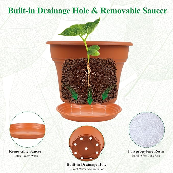 16 inch Plastic-Flower-Pot-for-Indoor-Plants, 4 Pack Large Outdoor Planter Pot with Drainage Holes & Saucers, Resin Decorative Garden Pots Planters