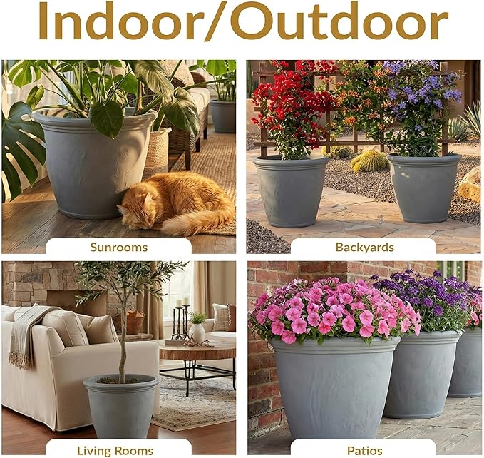 Sunnydaze 20-Inch Anjelica Large Plastic Pot for Plants - Outdoor Double-Walled Large Plastic Planter with Drillable Drainage Holes - Light Gray