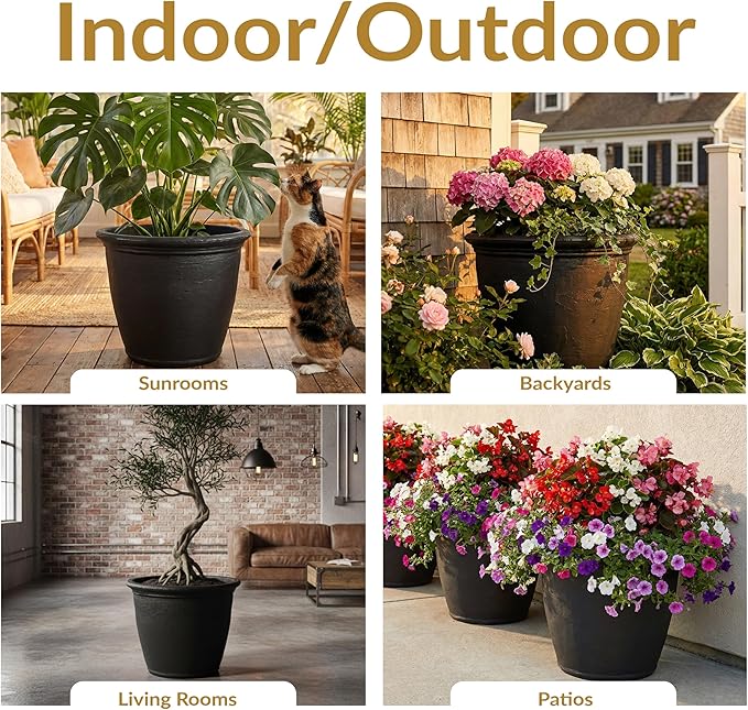 Sunnydaze 24-Inch Anjelica Large Plastic Pot for Plants - Outdoor Double-Walled Large Plastic Planter with Drillable Drainage Holes - Matte Black - 2pk