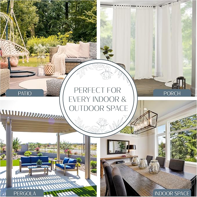 Elrene Home Fashions Matine Weatherproof Tab-Top Indoor/Outdoor Solid Color Curtain Panel for Porch, Pergola, Patio, Deck, 52”W x 84”L, Ivory