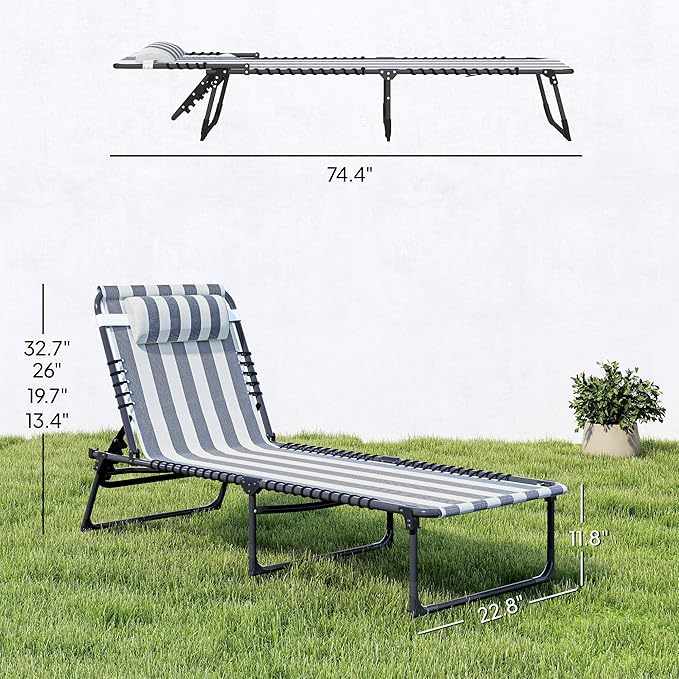 Outsunny Folding Chaise Lounge Chair Set of 2, Patio Sun Tanning Chair, Outdoor Chaise Lounger with 4-Position Reclining Back, Breathable Mesh Seat for Beach, Poolside, Yard, Blue and White