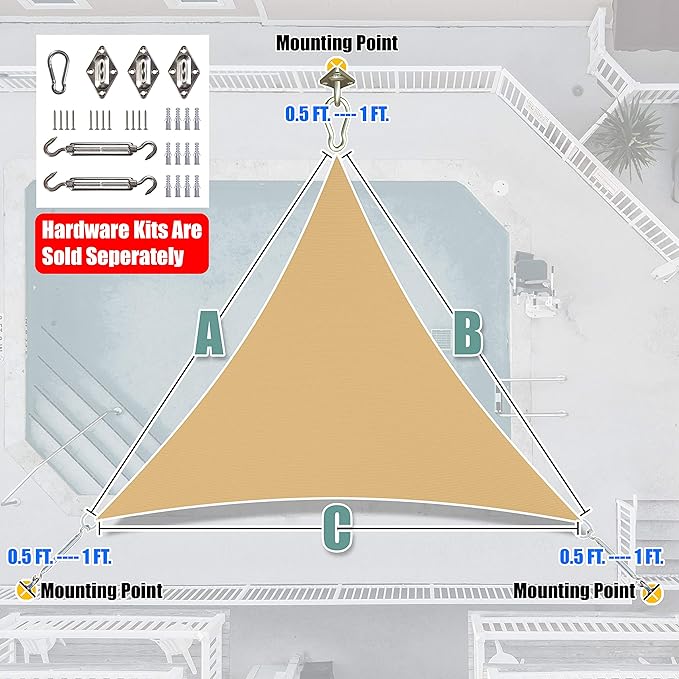 Amgo Custom Size 25' x 25' x 25' Sand Beige Triangle Sun Shade Sail Order to Make Canopy Awning UPF50+ AGSLT, 95% UV Blockage, Water & Air Permeable, 200GSM Commercial Standard (We Customize)