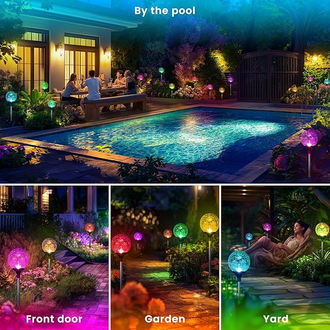 GIGALUMI Solar Garden Lights 6 Pack, Outdoor Solar Lights for Yard Decorative, Christmas Lights Outdoor Decorations Waterproof, Multi-Colored Changing Garden Globes Cracked Glass Ball with LED Lights