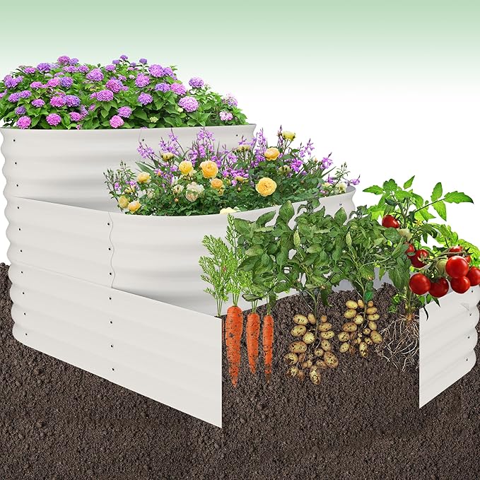 GarveeLife Galvanized Tiered Raised Garden Bed Kit with Open Base – 43x63x31.5 Oval Ground-Connected Planter for Vegetables, Herbs & Flowers (Modular 3 in-1Design),Beige