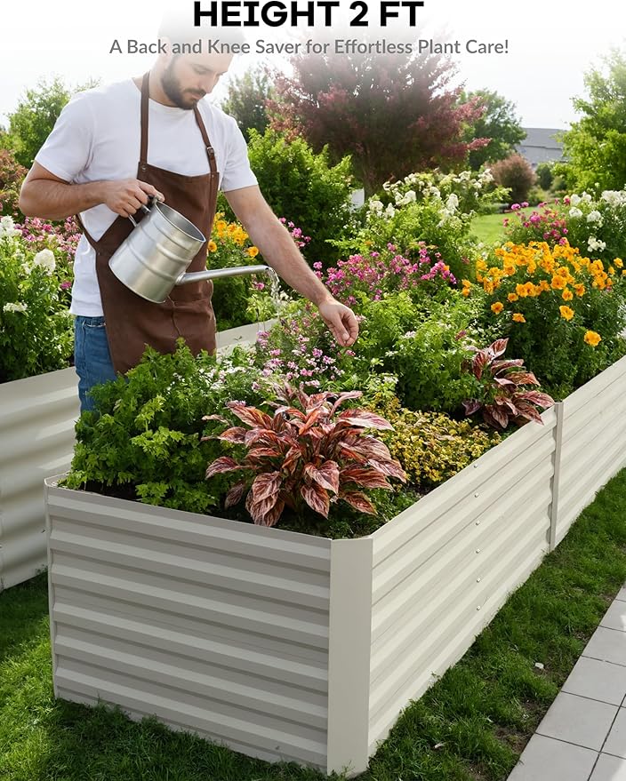 GarveeLife 6x3x2 ft Galvanized Raised Garden Bed, 24" Tall Metal Planter Box for Flowers Vegetables, Rust-Resistant Raised Garden Beds for Gardening, Easy Assembly Outdoor Garden Box & Planters,Beige