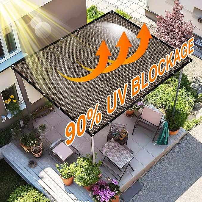 Artpuch 90% Sun Shade Cloth, 8 x 12 FT Pergola Shade Cover Canopy with Grommets, Sun Screen Fabric Tarp for Patio, Outdoor, Garden, Backyard, Mocha