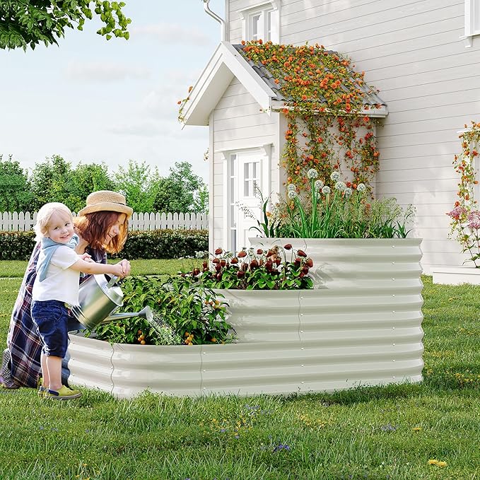 GarveeLife Galvanized Tiered Raised Garden Bed Kit with Open Base – 43x63x31.5 Oval Ground-Connected Planter for Vegetables, Herbs & Flowers (Modular 3 in-1Design),Beige