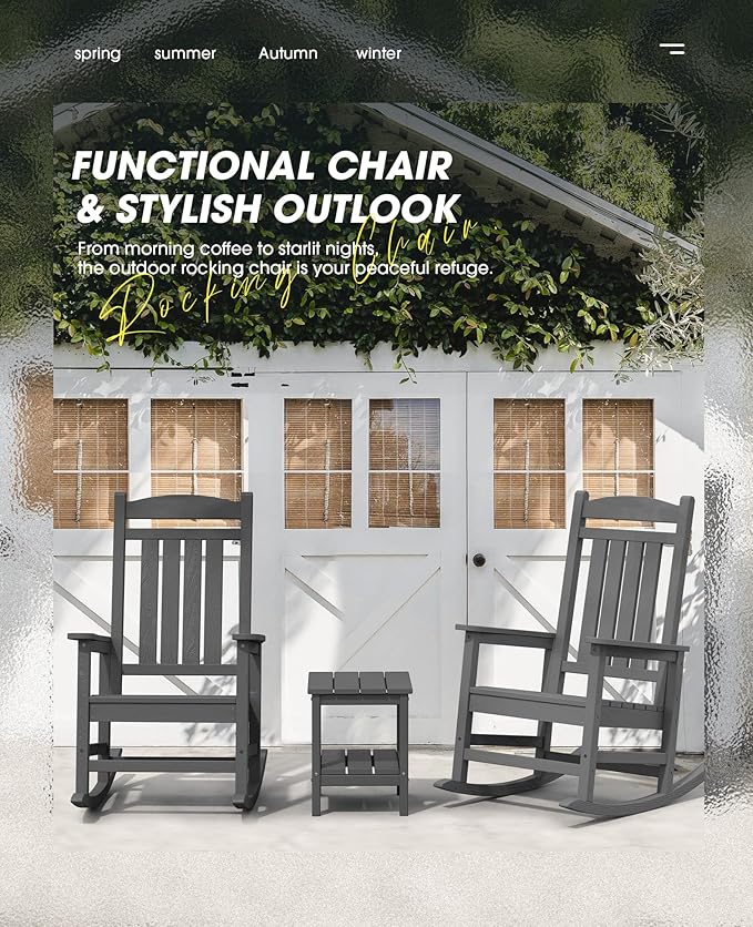 KINGYES HDPE Patio Rocking Chair Set of 2, Outdoor Rocking Chairs Porch Rocker for Adults, Grey