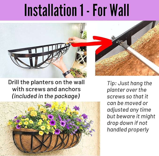 LaLaGreen 30 Inch, 4 Pack Window Boxes Planters – Black Metal Window Boxes for Outdoor Plant, Wall Mount Flower Pot with Coco Coir Liner, Attach to House Fence Balcony Herb for Patio Porch Garden