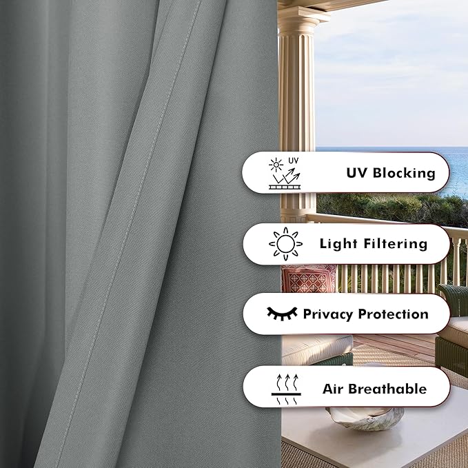 BONZER Waterproof Indoor/Outdoor Curtains for Patio Thick Privacy Wide Grommet Curtains for Bedroom, Living Room, Porch, Pergola, Cabana, 1 Panel, 110W x 108L inch, Grey