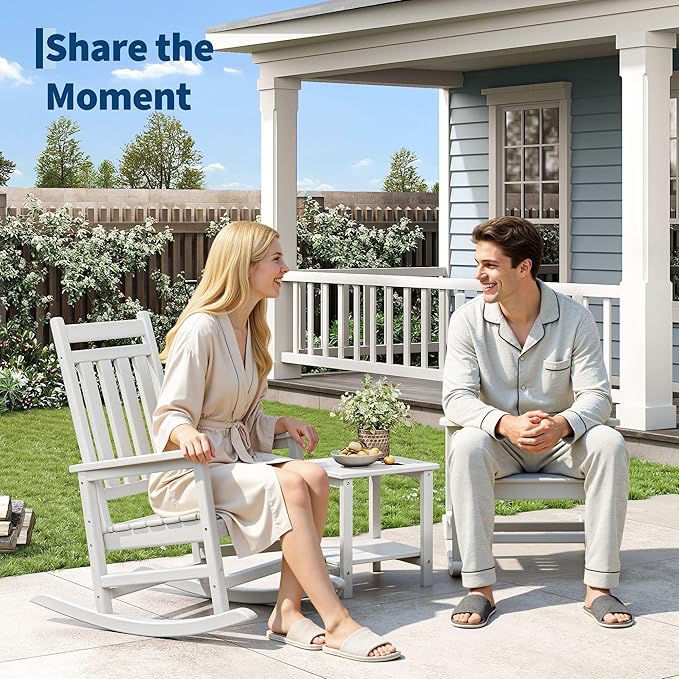 HDPE Rocking Chair Outdoor Set of 2 with Side Table - Poly High Back Porch Rocker Chairs for Adults - All Weather Resistant Furniture for Patio Front Porch - White