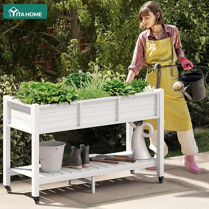 YITAHOME Raised Garden Bed HDPE, 47x18x31In Raised Flower Bed Poly-Wood Weather-Resistant Elevated Planter Box with Lockable Wheels & Storage Shelf for Vegetable Flower, White
